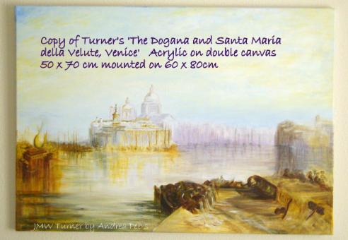 Acrylic painting - Places  - copy of Turner's  Venice, La Dogana and Santa Maria de la Velute 50x70 mounted on 60x80 