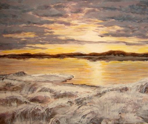 Acrylic painting Frosty winter's day overlooking the sea at Lossiemouth Moray