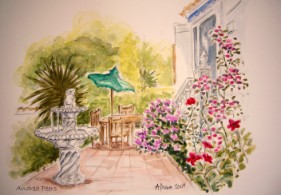 Spanish garden with fountain - watercolour ref Rf SOLD
