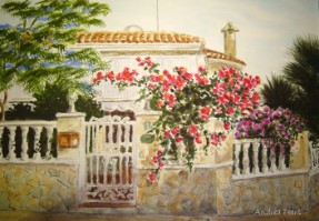 white Spanish villa with bougainvillea watercolour ref G&S sold