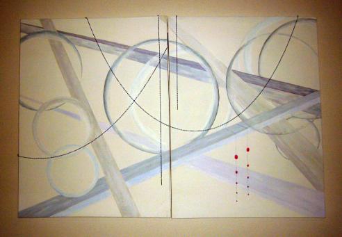 Acrylic painting - Abstract circles & lines in blue, grey and white 2 canvasses each 60x80 with chain feature