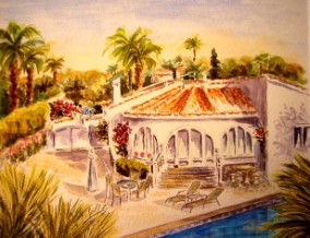 Spanish villa from above - watercolour SOLD