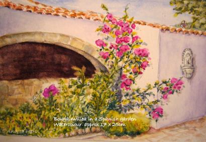 watercolour - house portraits - a corner of a spanish garden - bougainvillea