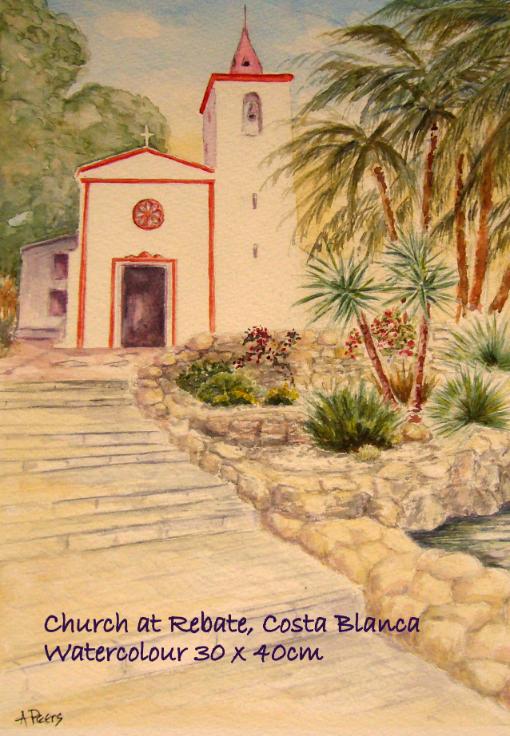 Watercolour painting The Church at Rebate, Costa Blanca