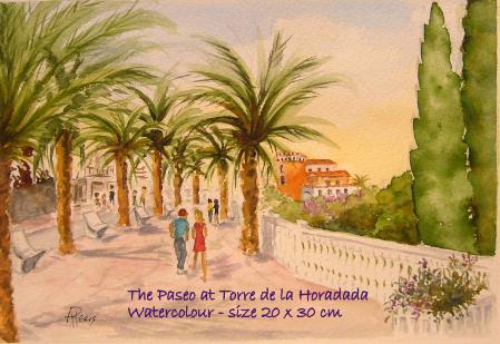 watercolour painting - the paseo at Torre de la Horadada, Costa Blanca, spain