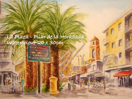 watercolour painting - street scene - La Plaza - Pilar de la Horadada, Costa Blanca Spain