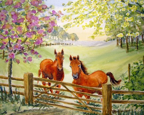 Watercolour painting two horses SOLD