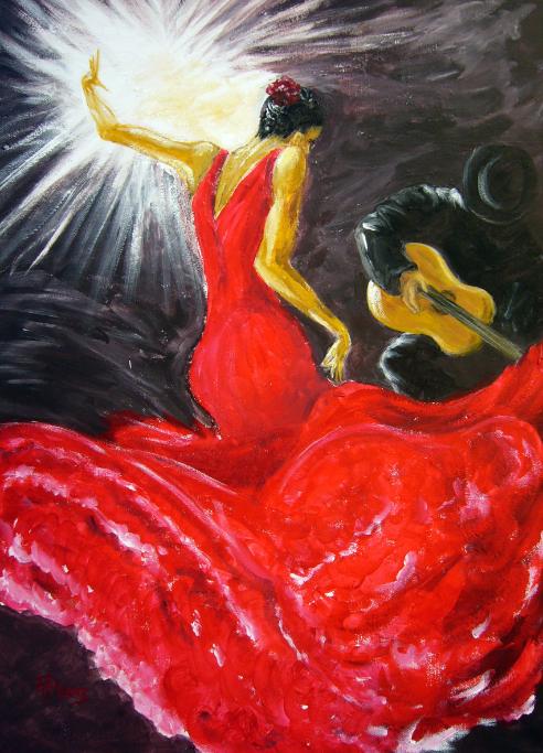 Acrylic painting -Flamenco dancer in red with guitarist SOLD