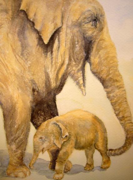 watercolour animal  painting Indian elephants, mother and baby