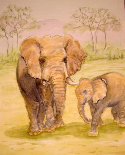 watercolour animal painting, elephants, mother and baby