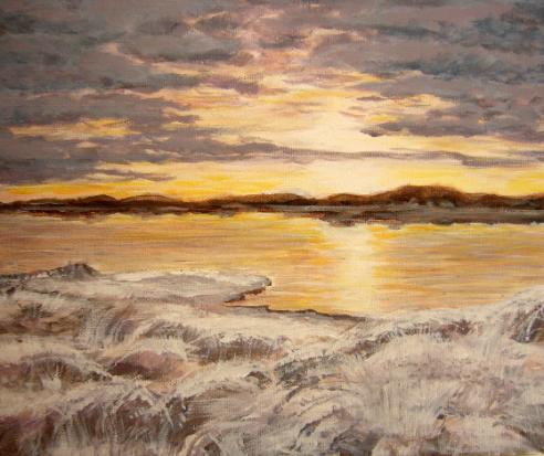 Acrylic painting -Places - Winter sunset over the sea at Lossiemouth, Moray