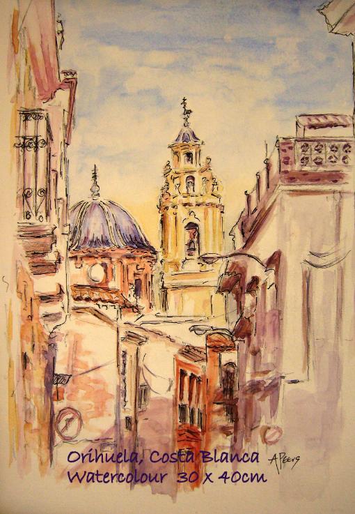Watercolour pen and wash painting of a street scene in Orihuela, Costa Blanca Spain 30x40cm