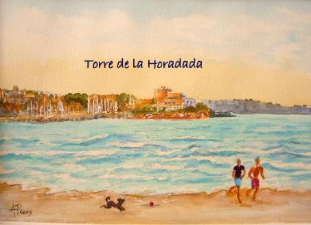 watercolour painting Torre de la Horadada from the beach at El Mojon, Costa Blanca, Spain