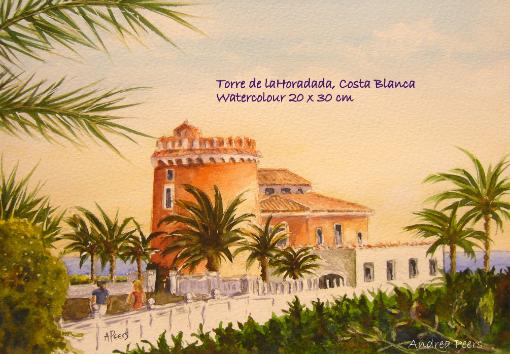 Watercolour painting the tower at Torre de la Horadada Costa Blanca Spain 20x30cm