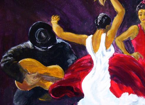 Acrylic painting - Flamenco dancers with Spanish guitarist SOLD