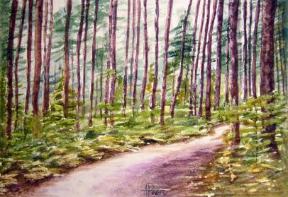 watercolour scenery - woodland walk, Lossiemouth, Morayshire